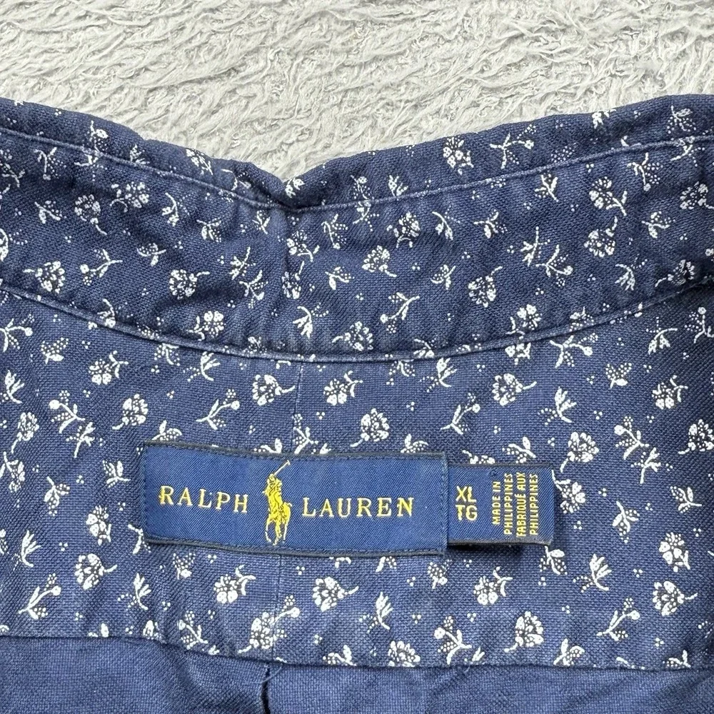 Ralph Lauren Mens XL Shirt Blue Calico Flower Print‎ Short Sleeve Button Down